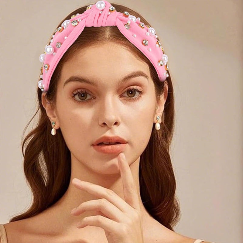 AMCAMI Pink Knotted Pearls Headband Cute Headbands for Women Girls Knot beaded Lavender Headband Dressy Jeweled Headbands Hair Accessories for Women Girls - Image 3